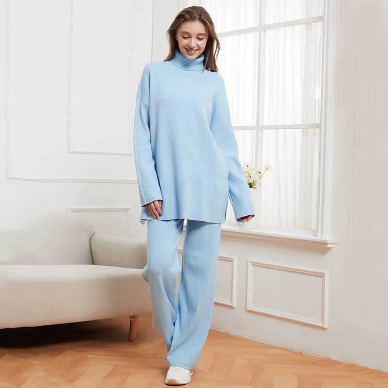 Solid Color Turtleneck Basic Loose Sweater and Trousers Casual Two-Piece Set for Women
