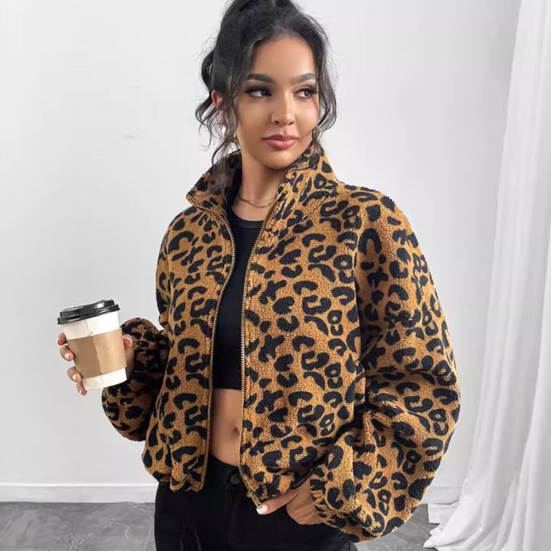 Womens Zipper Leopard Print Plush Cardigan - Loose Coat - Image 3
