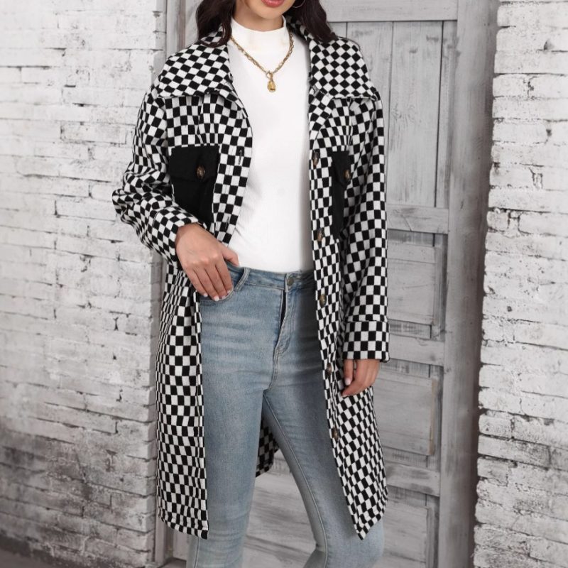 Womens Loose Long Plaid Cardigan - Single Breasted Coat