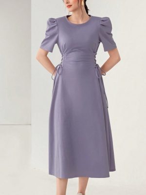 Elegant Solid Color Dress with Puff Sleeves and Loose Waist Trimming