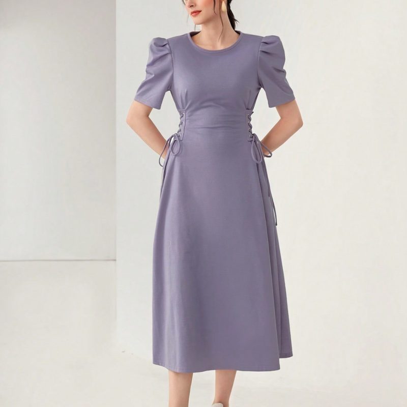 Elegant Solid Color Dress with Puff Sleeves and Loose Waist Trimming