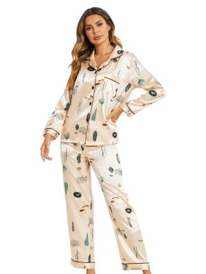 Fall Winter Silk Satin Printed Pajamas Suit for Women