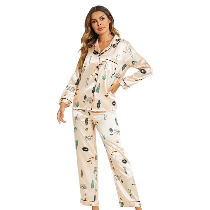 Fall Winter Silk Satin Printed Pajamas Suit for Women