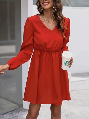 Spring Autumn Long Sleeve V-Neck Casual Waist Dress for Women