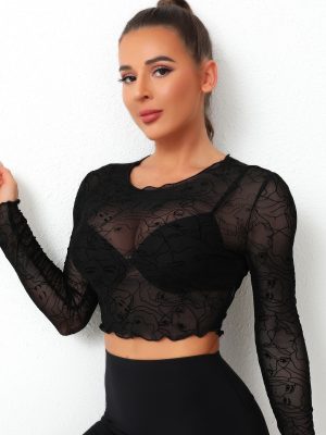 Elastic Mesh Cutout Cropped Ruffled Long Sleeve Top