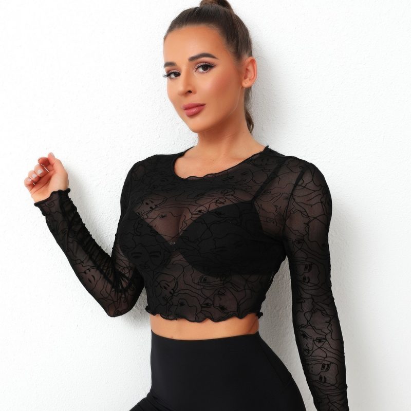 Elastic Mesh Cutout Cropped Ruffled Long Sleeve Top