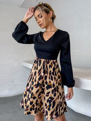 Leopard Print V-Neck Lantern Sleeve Slim Office Dress for Women