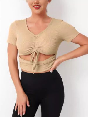 Sexy V-Neck Lace-Up Knitted Cropped T-Shirt for Women