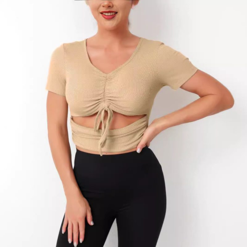 Sexy V-Neck Lace-Up Knitted Cropped T-Shirt for Women