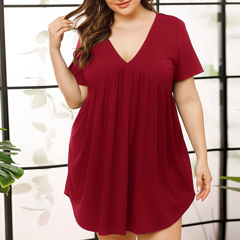 Plus Size Short Sleeved V-Neck Pleated Cotton-Like Homewear Nightdress