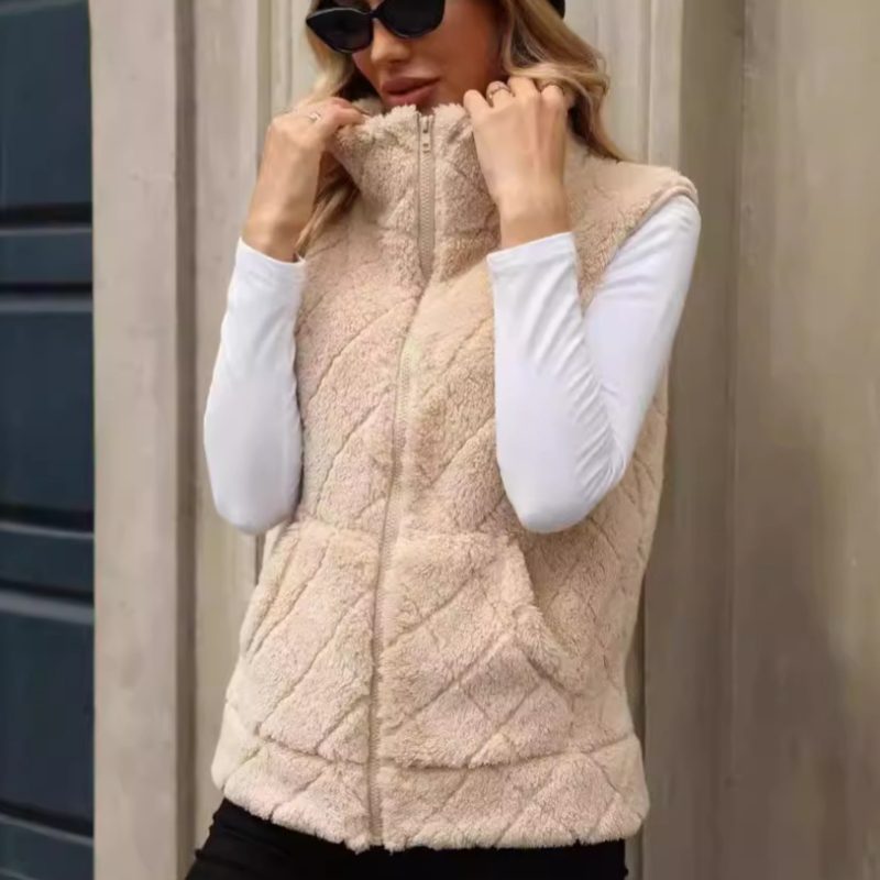 Women’s Autumn Winter Zipper Loose Diamond Lattice Plush Vest Cardigan - Image 3