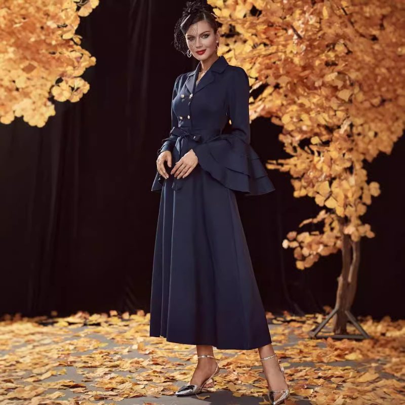 Women Autumn Winter Double Breasted High Waist Trench Coat Dress - Image 3
