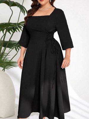 Plus Size Elegant Square Collar Mid-Length Dress