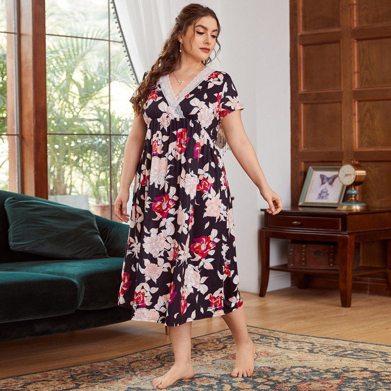Plus Size Spring Summer Lace V-Neck Cotton-Like Printed Nightdress - Image 4