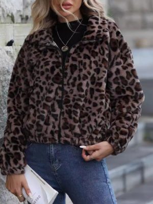 Women’s Autumn Winter Leopard Print Plush Coat with Zip and Long Sleeves