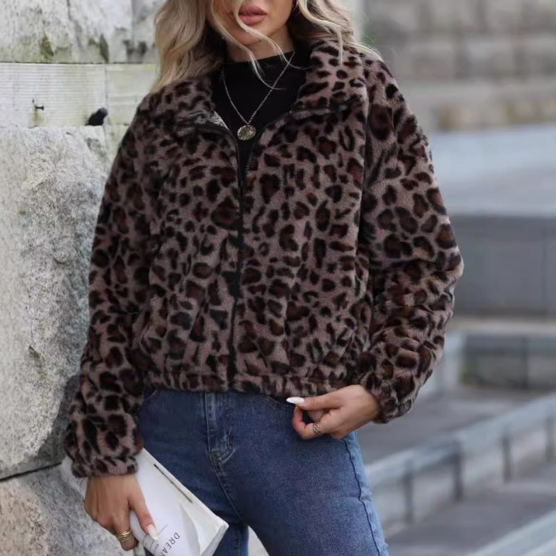 Women’s Autumn Winter Leopard Print Plush Coat with Zip and Long Sleeves