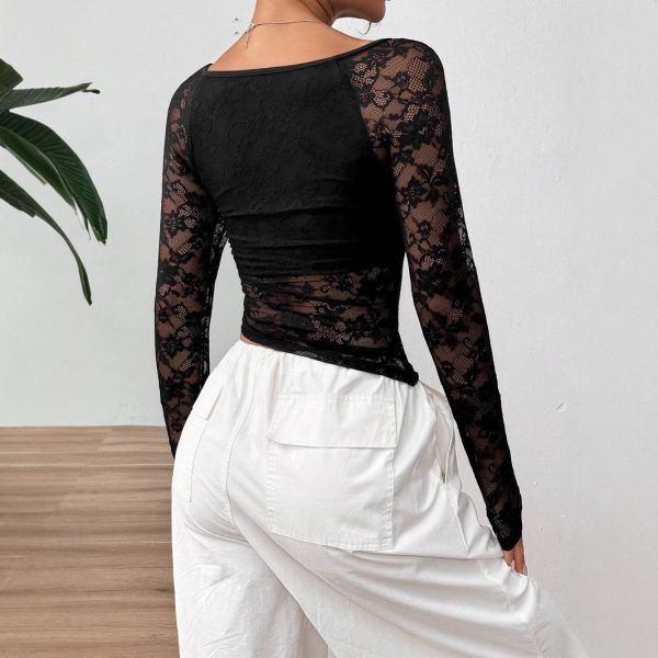 Elegant Lace U-Collar Top – Asymmetric Hem Long Sleeve Design - Image 2