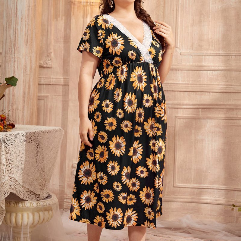 Plus Size Spring Summer Lace V-Neck Cotton-Like Printed Nightdress - Image 3