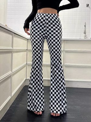 High-Waisted Chessboard Plaid Bell Bottom Yoga Pants for Women