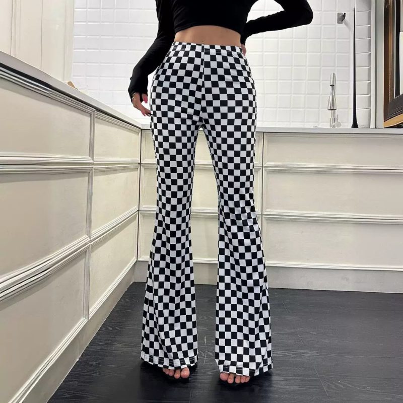 High-Waisted Chessboard Plaid Bell Bottom Yoga Pants for Women