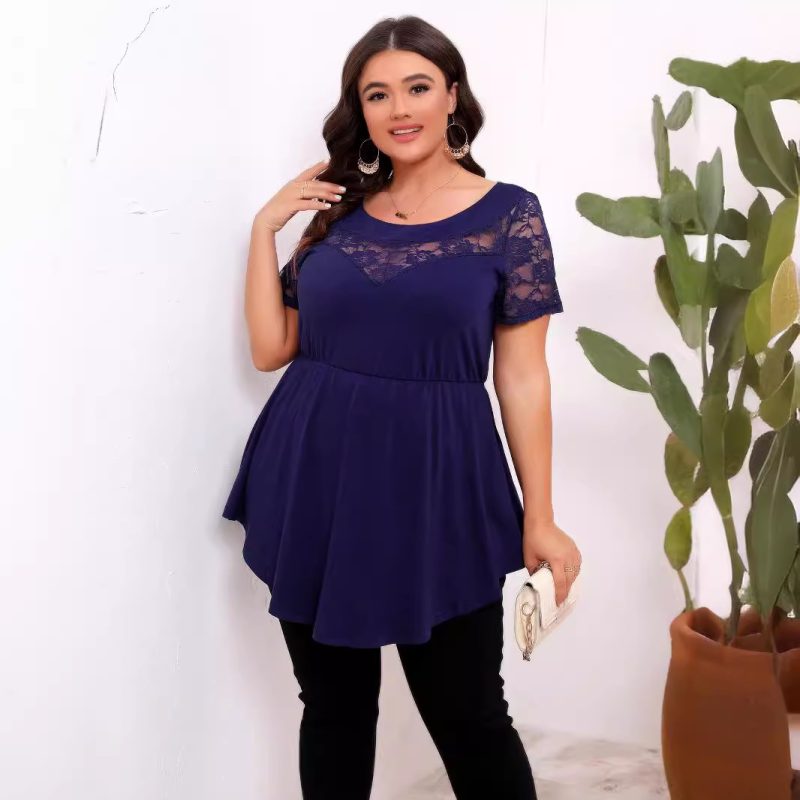 Plus Size Women’s Elastic Lace Patchwork Waist Slimming Round Neck Short Sleeve Top - Image 3