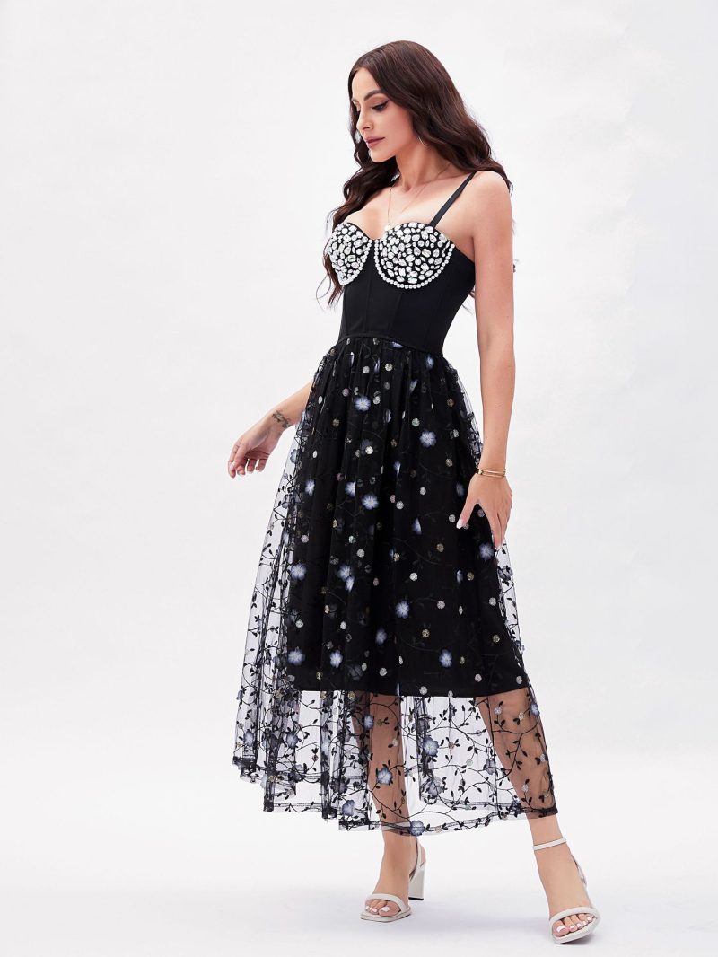 French Gentle Beaded Beauty Back Dress with Sequins & 3D Floral Mesh - Image 3