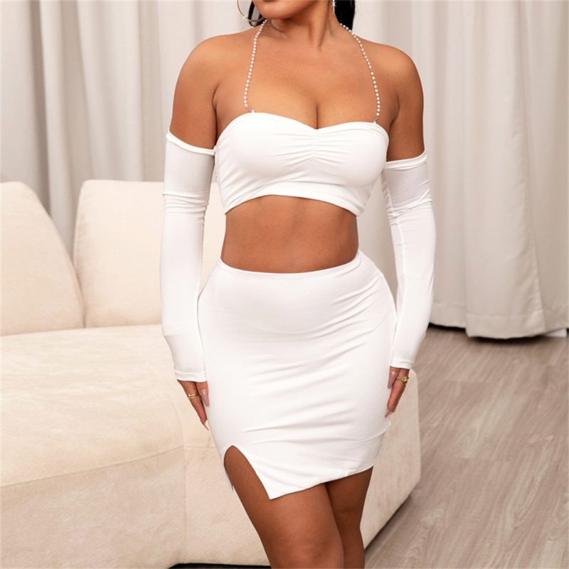 Sexy Halter Tube Top Two Piece Set: Backless Cropped Top & Slit Hip Skirt Suit - Image 2