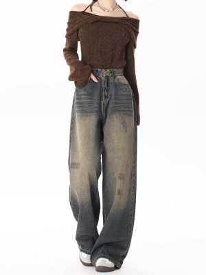 Loose Wide Leg Mopping Jeans for Women – Retro Distressed Autumn Style