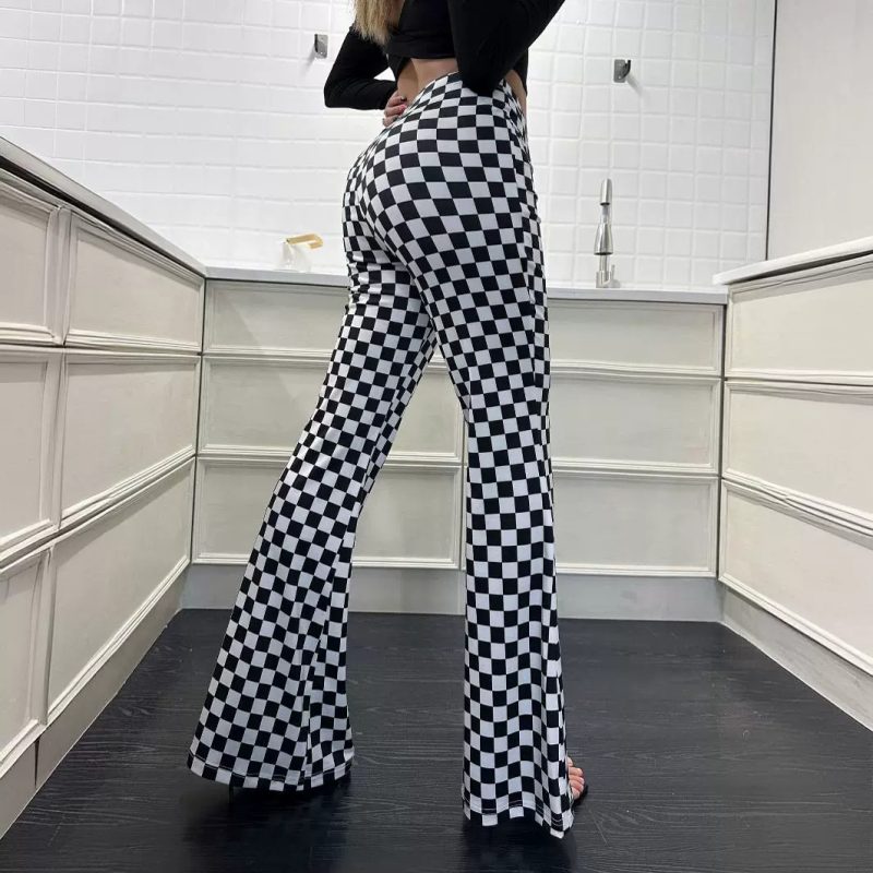 High-Waisted Chessboard Plaid Bell Bottom Yoga Pants for Women - Image 3