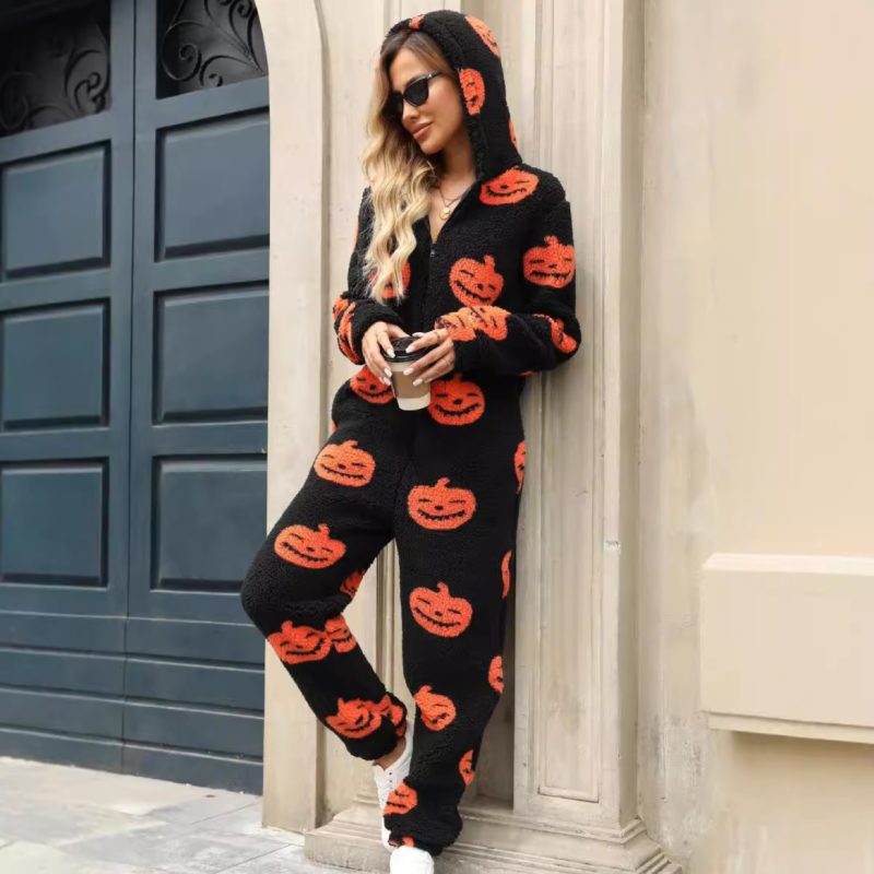 Women’s Autumn Winter Halloween Pumpkin Print Loose Zip Plush Jumpsuit - Image 4