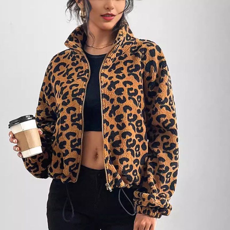 Womens Zipper Leopard Print Plush Cardigan - Loose Coat - Image 4