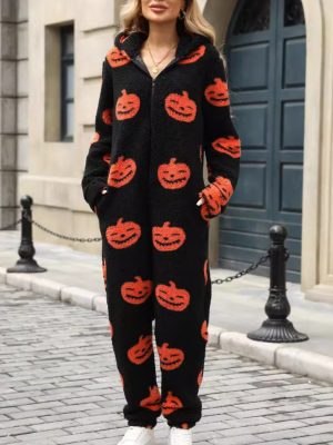 Women’s Autumn Winter Halloween Pumpkin Print Loose Zip Plush Jumpsuit