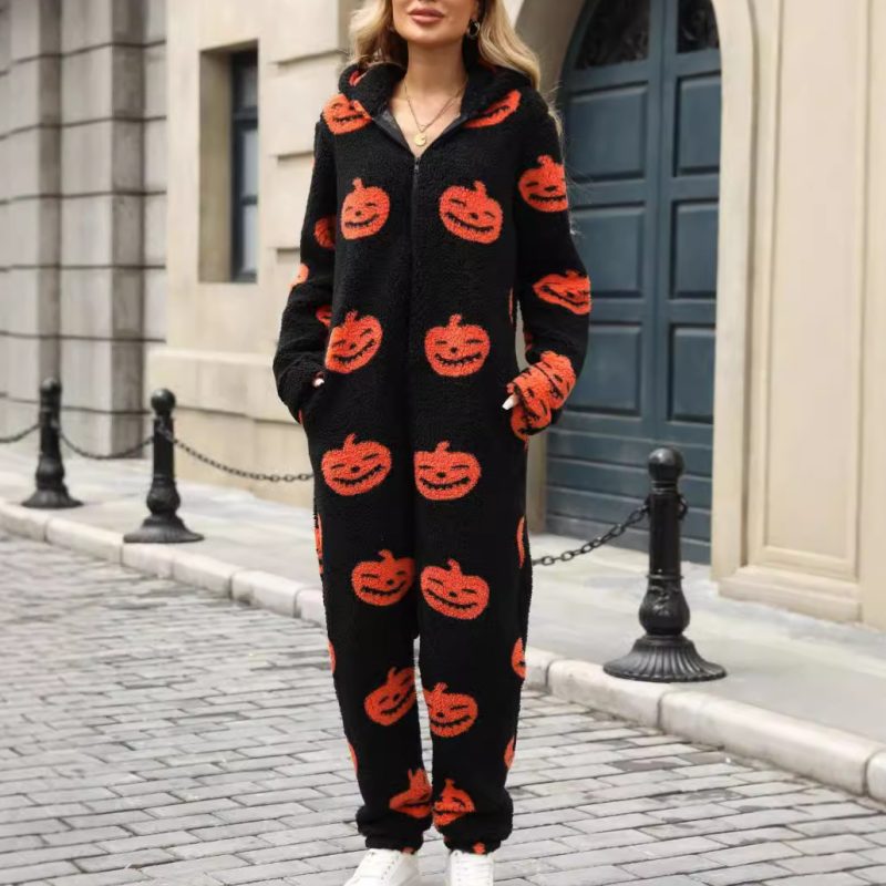 Women’s Autumn Winter Halloween Pumpkin Print Loose Zip Plush Jumpsuit