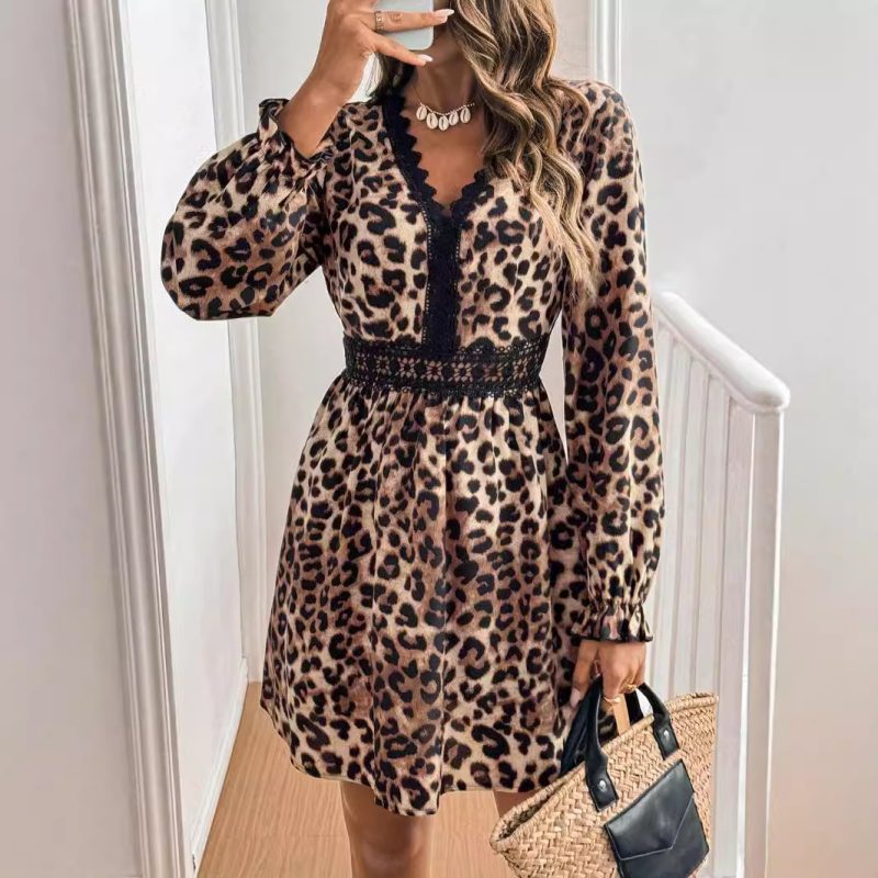 French Vintage V Neck Leopard Print Lace Patchwork Dress