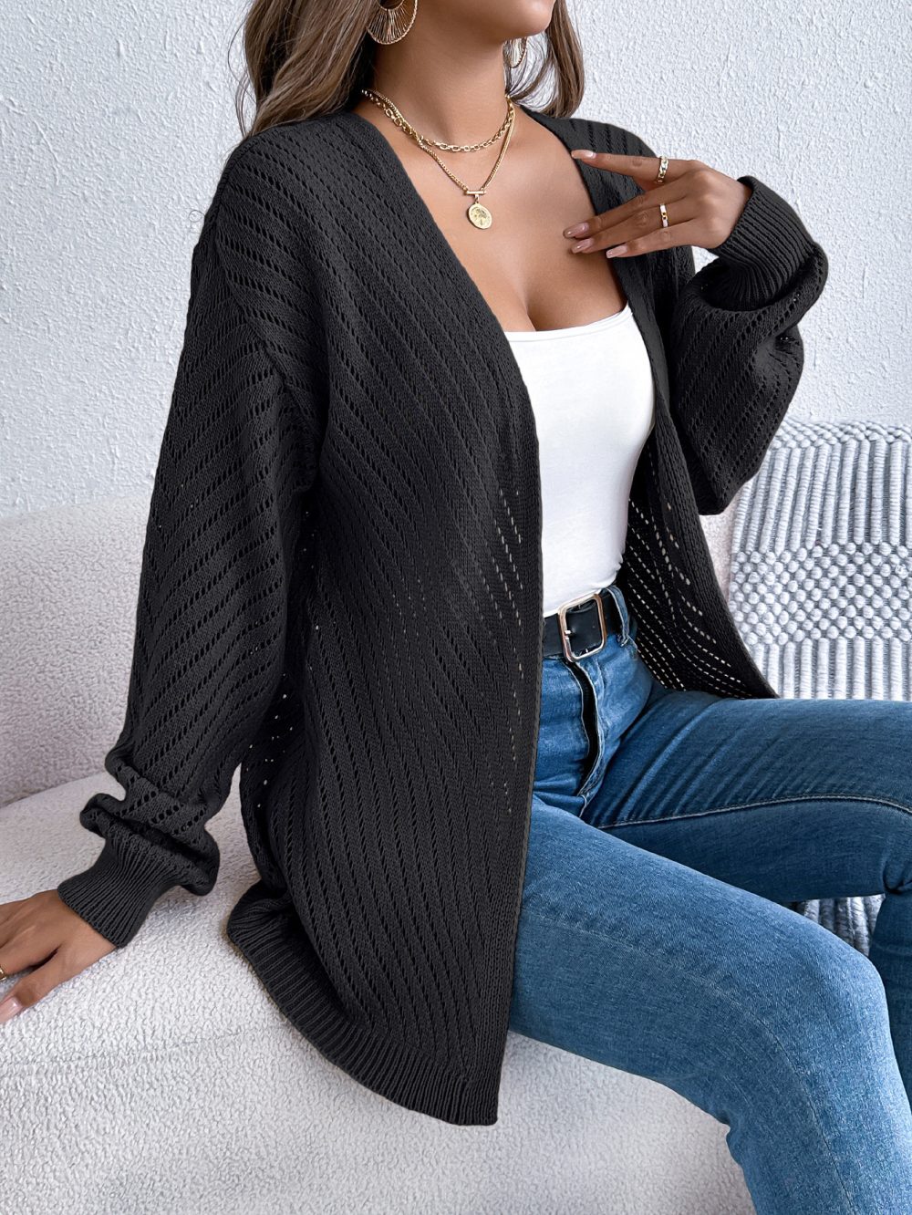 Casual Solid Color Hollow Out Cutout Long Sleeve Cardigan Sweater Coat for Women - Image 3