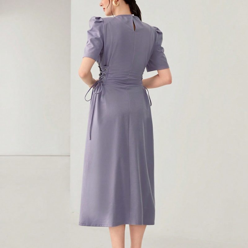 Elegant Solid Color Dress with Puff Sleeves and Loose Waist Trimming - Image 2