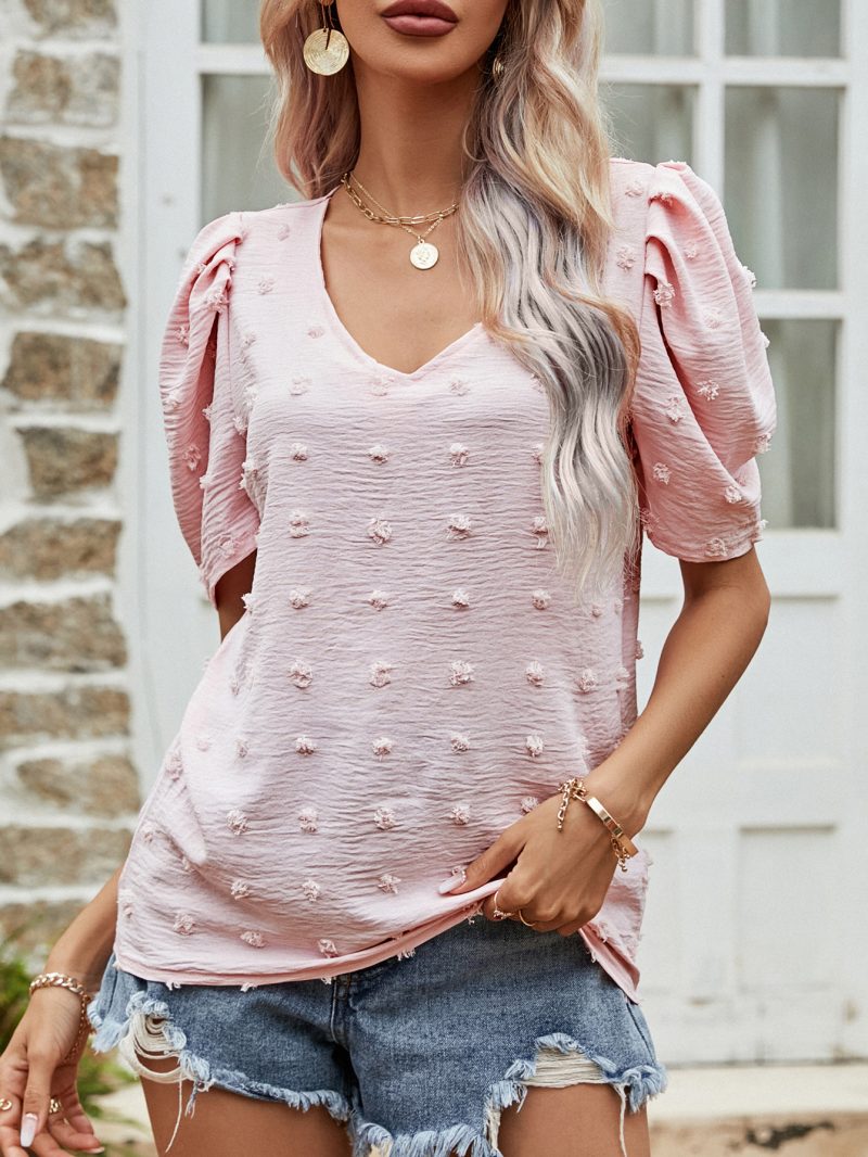 Women’s Summer V Neck Short Sleeve T-Shirt with Puff Sleeves - Image 2