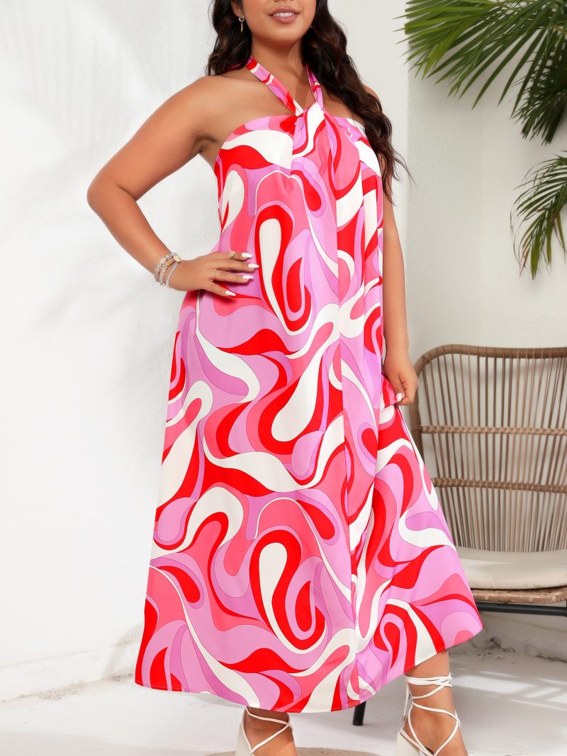 Plus Size Color Drawing Printed Long Halter Chest-Wrapped Dress - Image 4