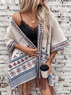 Women’s Knitted Tassel Shawl – Casual Jacquard Cape Cloak