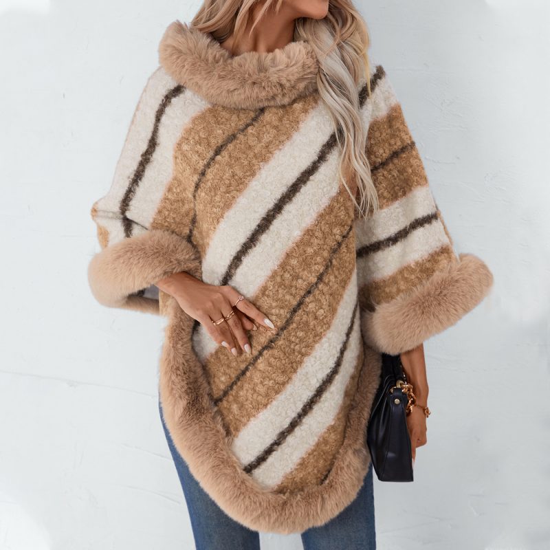 Women's Striped Pullover Cape Sweater - Fur Collar Knitwear - Image 4