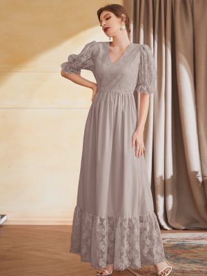 Short Sleeve Lantern Sleeve V-Neck High Waist Embroidered Mesh Maxi Dress