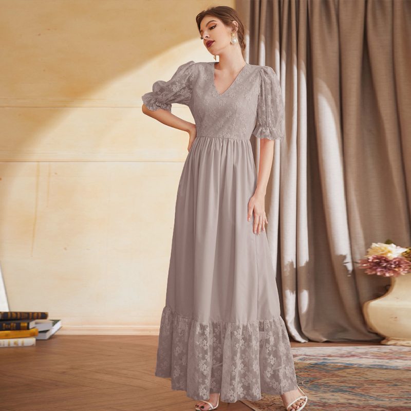 Short Sleeve Lantern Sleeve V-Neck High Waist Embroidered Mesh Maxi Dress