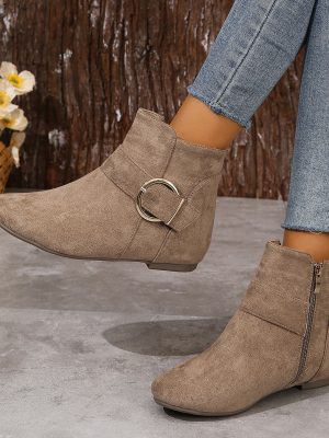 Big Buckle Side Zipper Flat Ankle Boots for Women