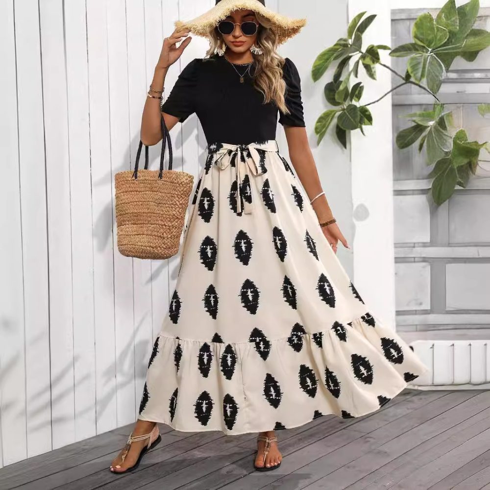 Elegant Women’s Geometric Abstract Printed Puff Sleeve Ruffle Hem Dress