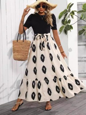 Elegant Women’s Geometric Abstract Printed Puff Sleeve Ruffle Hem Dress