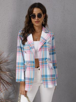 Autumn Plaid Blazer: Women’s Long Sleeve Printed Coat