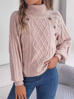 Casual Solid Color Cable Knit Turtleneck Lantern Sleeve Sweater