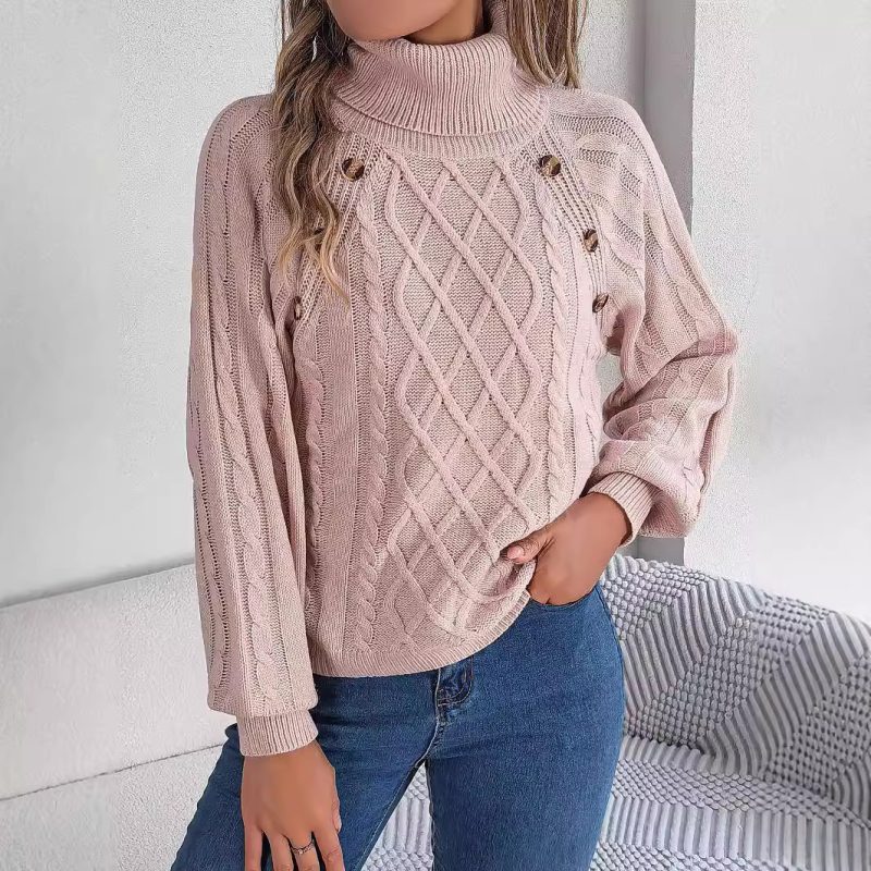 Casual Solid Color Cable Knit Turtleneck Lantern Sleeve Sweater