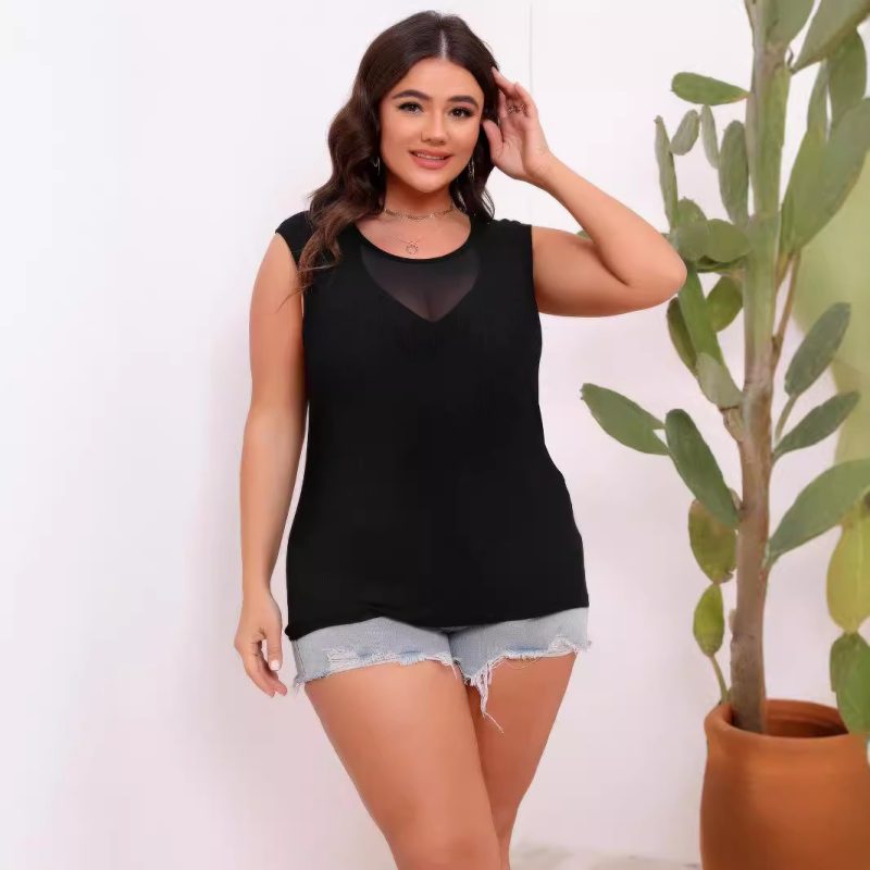 Plus Size Sleeveless Round Neck Top with Elastic Net Patchwork