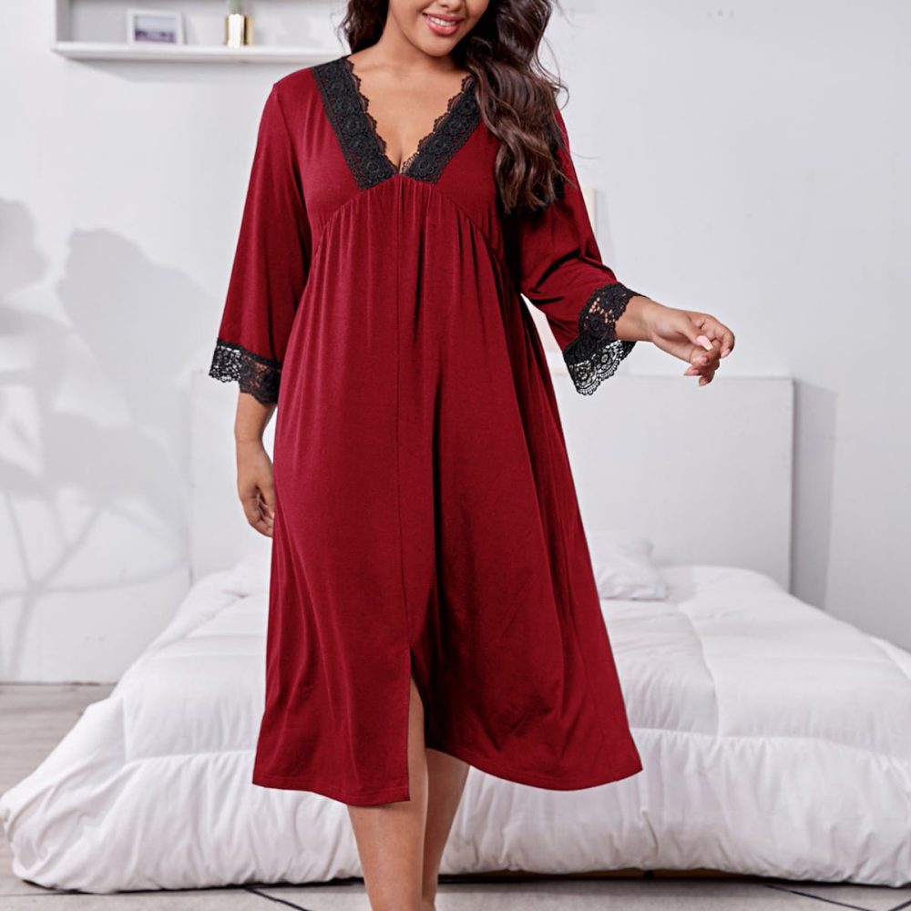 Plus Size Autumn Winter Lace V-Neck Long Sleeve Loose Pajamas Nightdress - Image 3